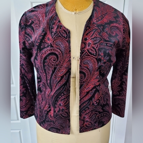 DRESS BARN COLLECTION BLACK VELVETEEN JACKET BLAZER RED GLITTER SPARKLE WOMEN 14 - Picture 1 of 14